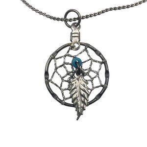 Vintage Sterling Silver Dreamcatcher Pendant Necklace  18" Feather Boho Western